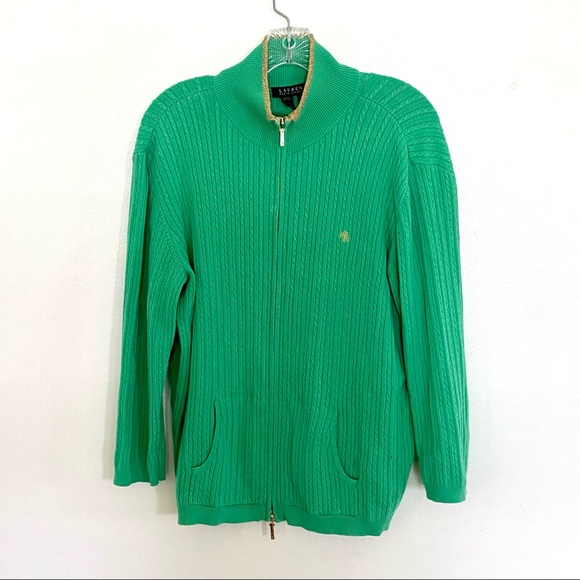 Ralph Lauren Cable Knit Zip Cardigan Sweater  Green Gold Trim Collar Vintage XL - Picture 7 of 10